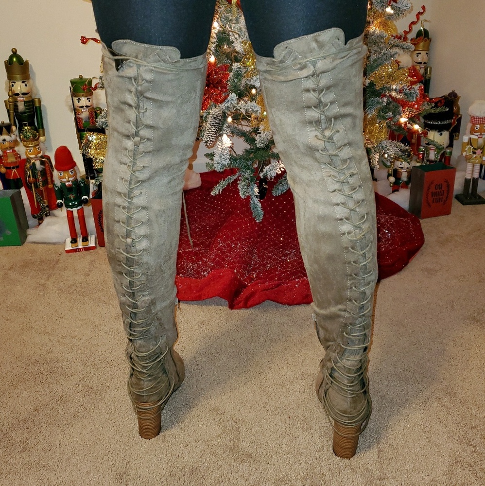 Faux suede over the knee lace up boots